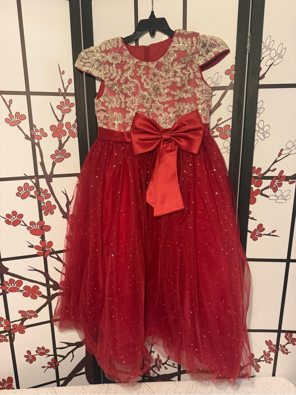 Girls Red Sparkle Tulle Party Dress with Gold Embellished Bodice